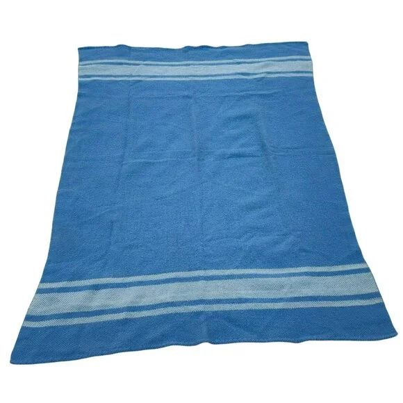 Vintage Canada Steamship Lines Murray Bay Homespun Blanket, Blue Stripe 74 x 50